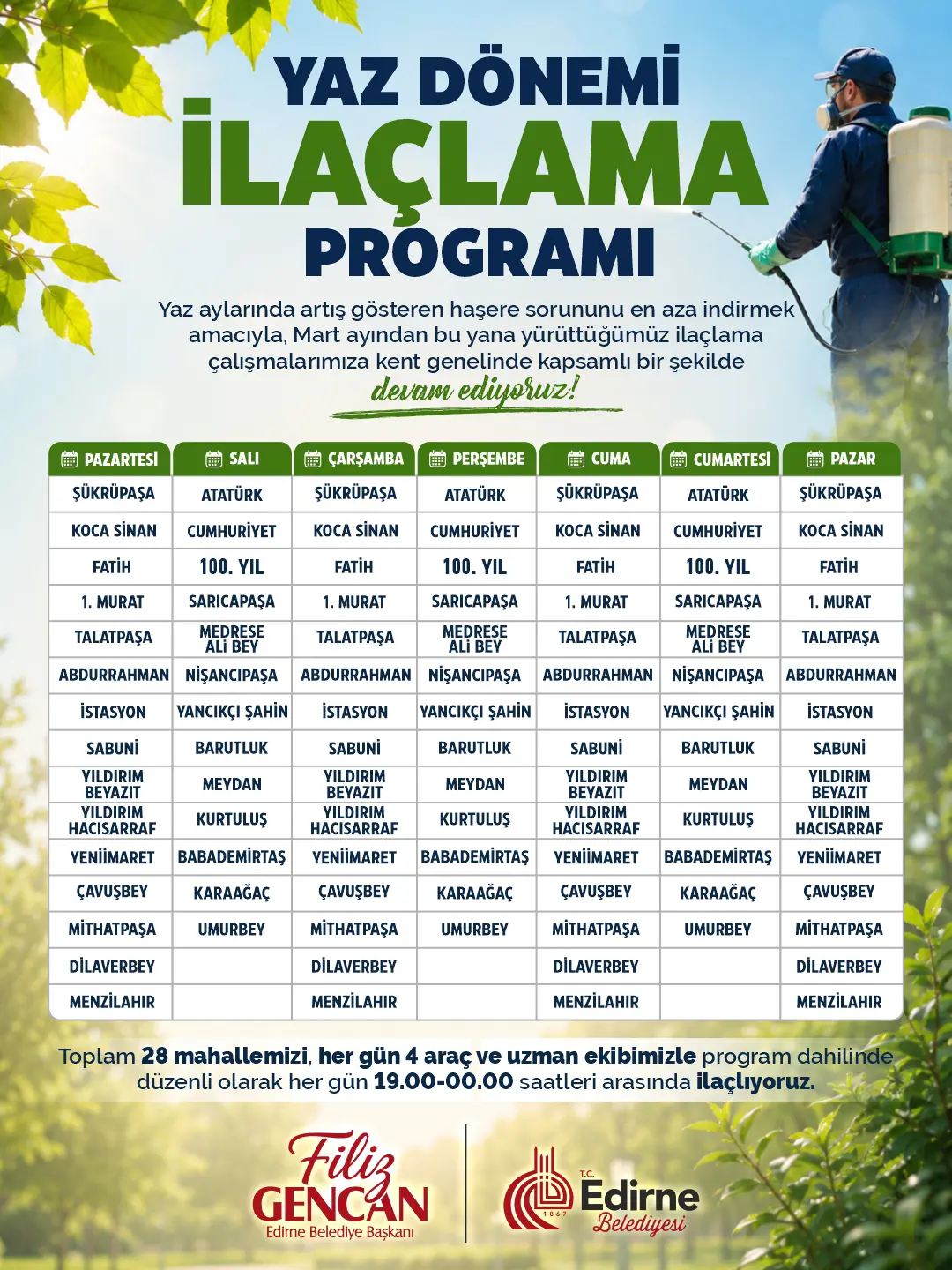 EDİRNE BELEDİYESİ HAFTALIK SİVRİSİNEKLE MÜCADELE PROGRAMINI AÇIKLADI